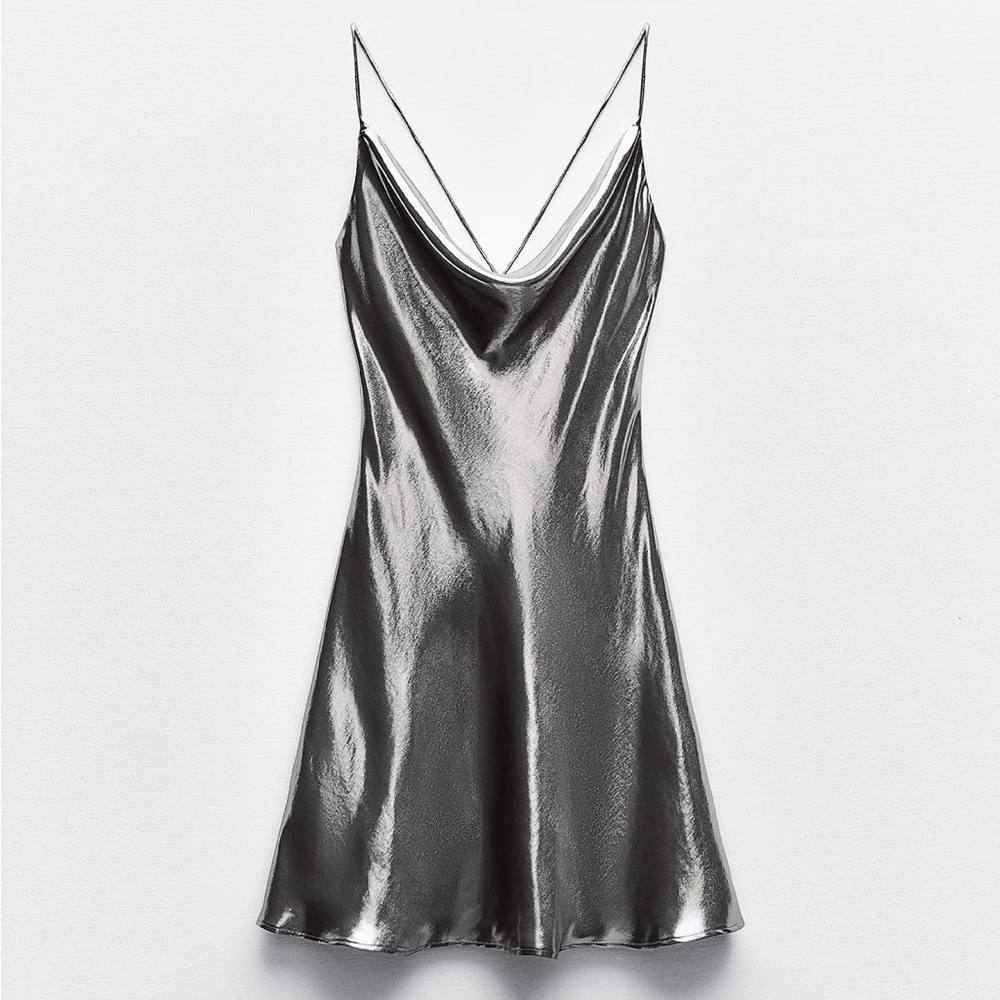 Satin Slip Mini Dress in Metallic Silver
